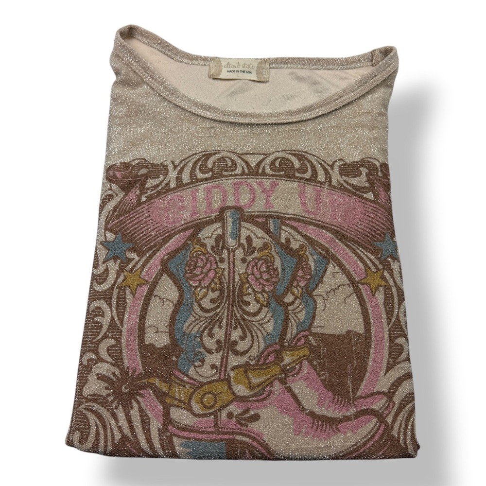 Altar'd State Giddy Up Buttercup Metallic Graphic Crop Top Gold Large A1185SJ75J